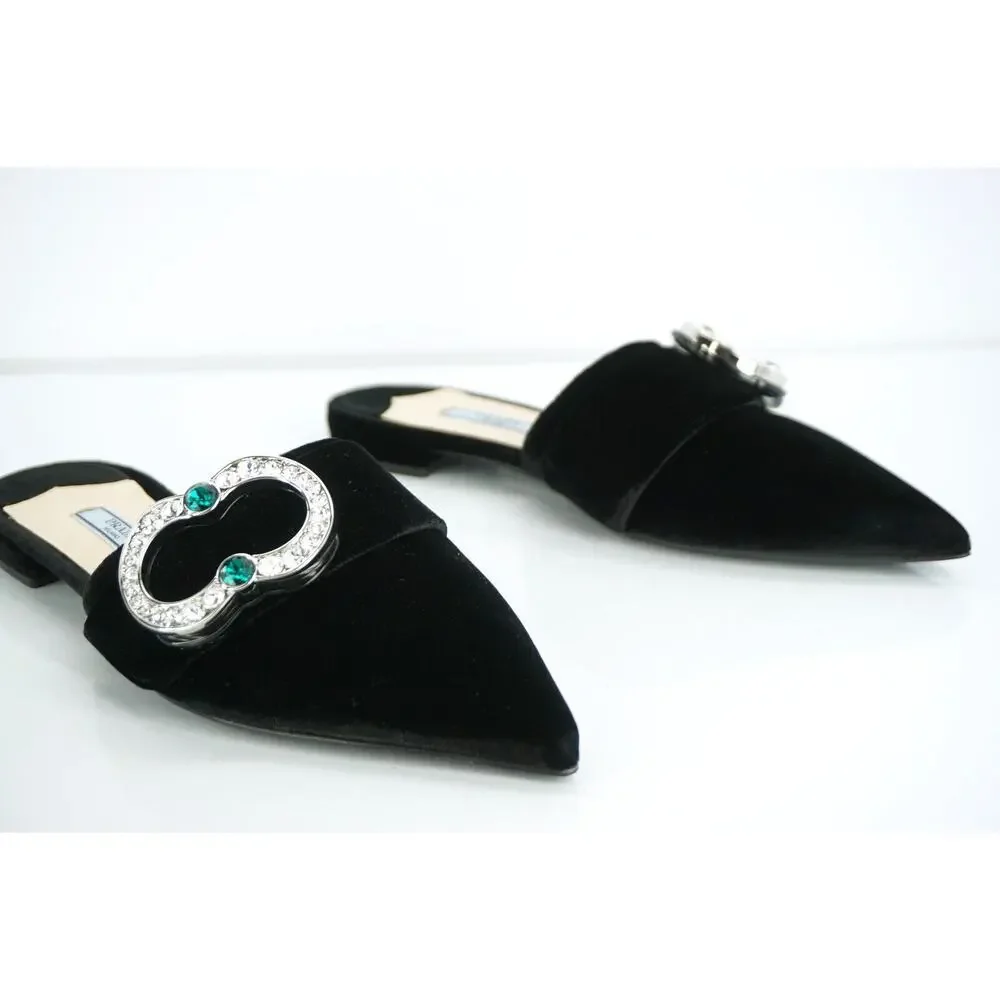 Prada Velvet Crystal Broach Pointy Mule Flat jewel broach